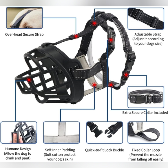 Barkless Soft Basket Silicone Muzzle for Dogs - black, size 5 (Snout 13.5-14.5") - Picture 5 of 8